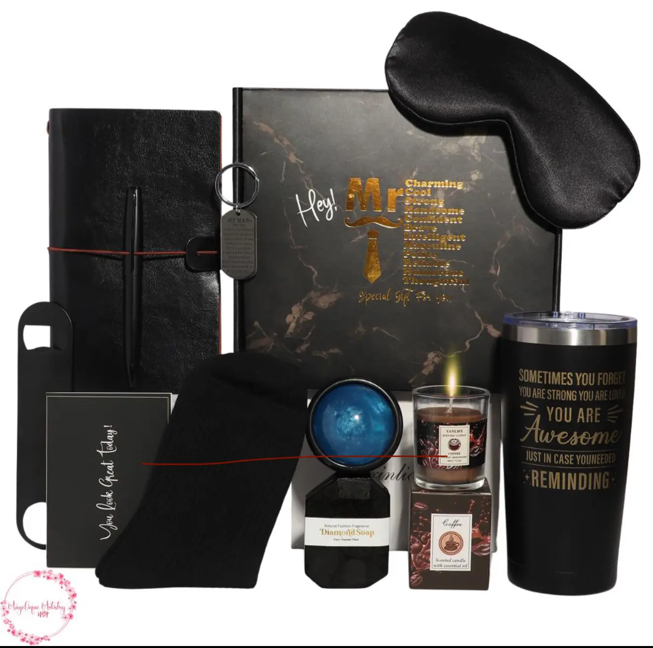 Angelique Artistry Luxury Relaxation Gift Box for Him - Self-Care & Wellness Set with Black & Gold Design, Cozy Socks, Diamond Soap, Scented Candle, Massage Ball & More