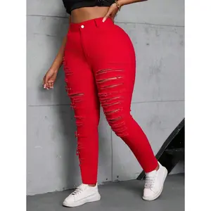 ILOD EZwear Plus Size Ladies' Distressed Jeans With Metal Button