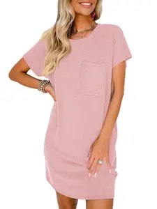 Chulianyouhuo Women's Summer Casual Dresses Homewear Wave Stripes Texture  Dress Cap Short Sleeve Dresses with Pocket black sundress