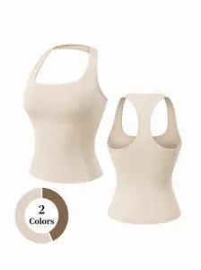Beige Square Neck Workout Tank, Slim Fit Gym Top，sports bra，gym workout sets