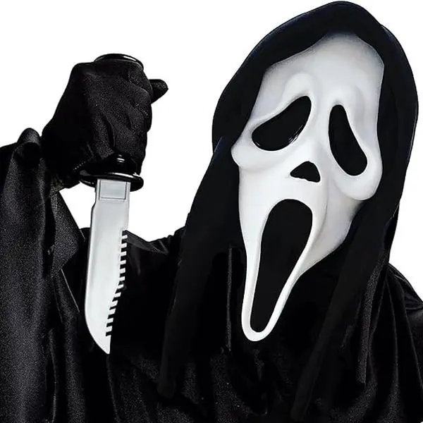 Crethinkaty Screaming Ghostface Mask, Full Head Latex Mask with Black Hood for Halloween Cosplay Party Decor
