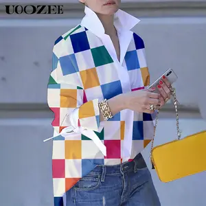 UOOZEE Women's Long Sleeve Loose Button Contrast Plaid Stand Collar Shirt 100% Polyester Casual Autumn Top Very Bright Color - Womenswear