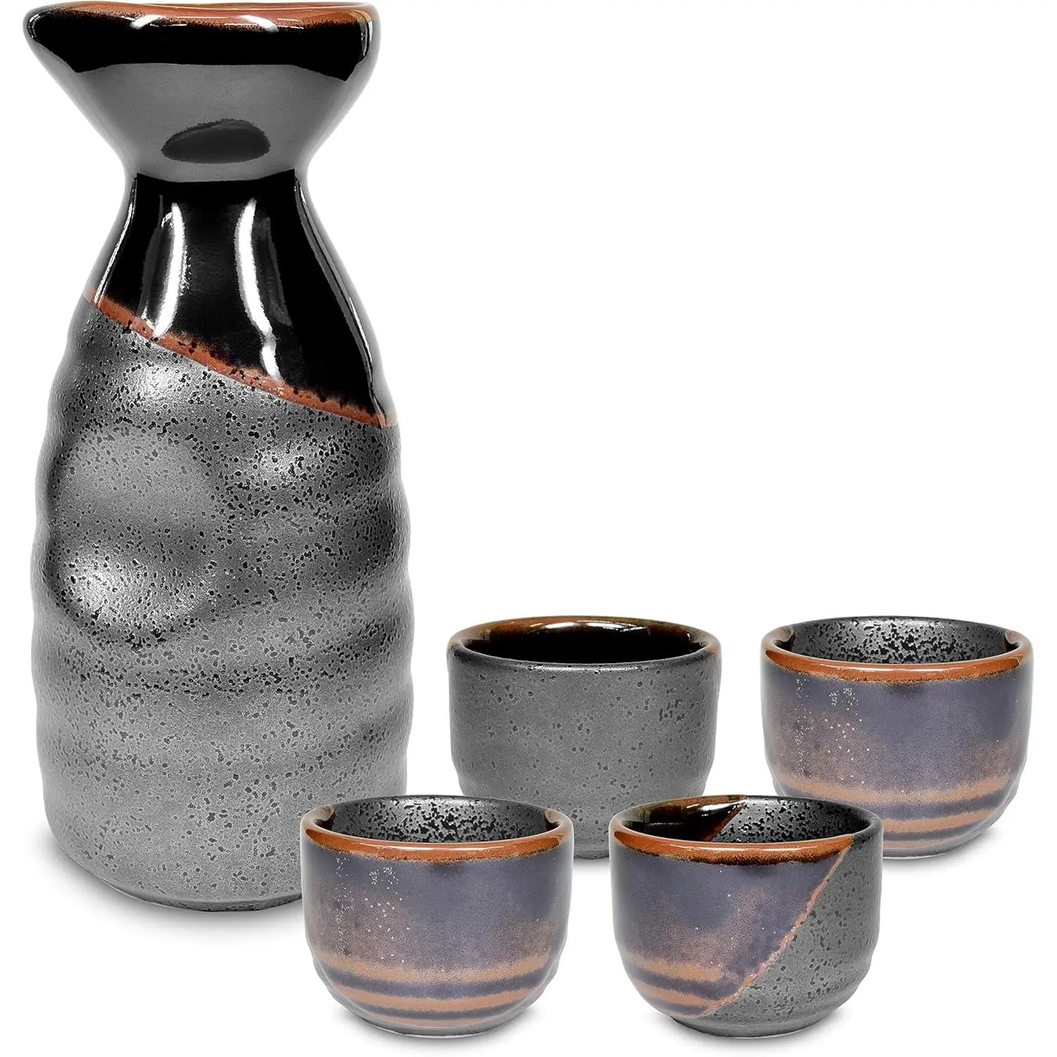 Product of Gifu Japan Japanese Sake Set, 1 Tokkuri Bottle Carafe and 4 Ochoko Cups Ceramic Sake Glasses, 5 Piece Set, Black Kuro Oribe