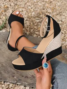 Women's New Summer Velvet Thick Sole Wedge Heel Open Toe Sandals, Hollow Fish Mouth Comfort Adjustable Buckle High Heels