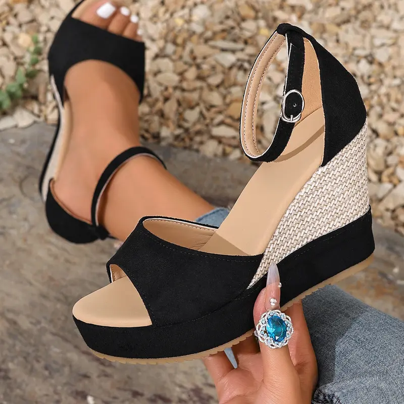 Women's New Summer Velvet Thick Sole Wedge Heel Open Toe Sandals, Hollow Fish Mouth Comfort Adjustable Buckle High Heels