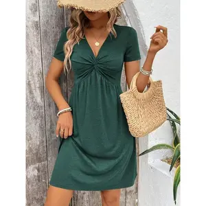 Twist Front V-Neck Dress, Elegant Short Sleeve A-Line Dress, and Women's Clothing