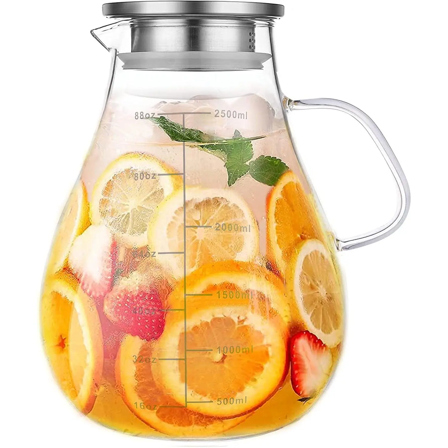 Glass Pitcher with Lid,88 Ounces -2500ml with Precise Scale Line, Hot/Cold Water Jug, Juice and Iced  Beverage Carafe with Lid