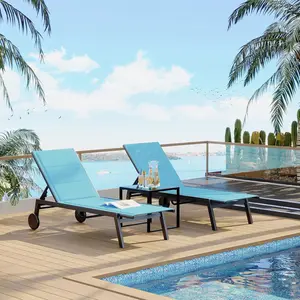 Pool Lounge Chairs Set of 3, Outdoor Chaise Lounge Chairs with Adjustable 5-Position Backrest & Wheels, Patio Poolside Loungers with Side Table, Textilene Fabric, Heavy Duty Metal Frame,Blue