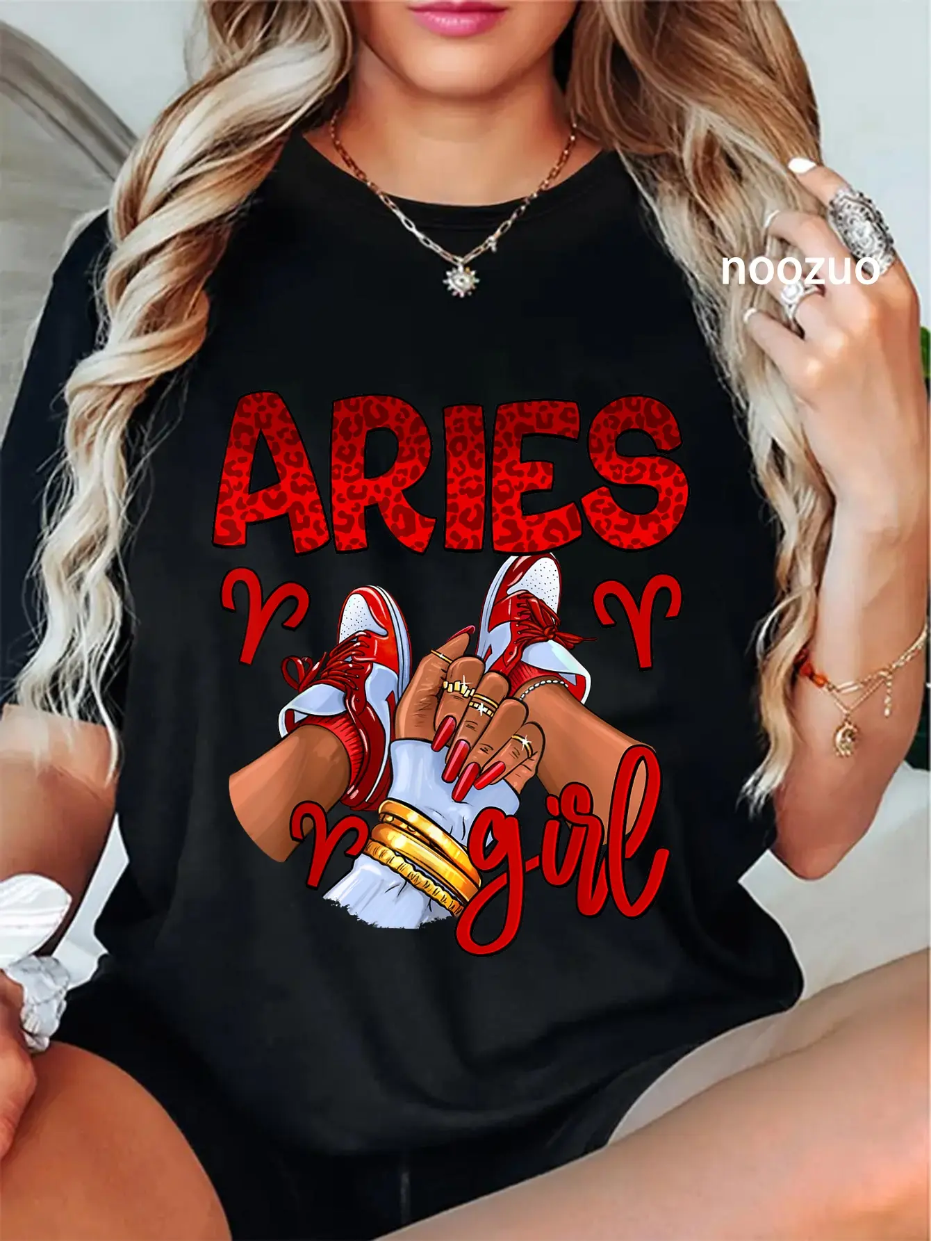 Women's Aries Graphic T-shirt, Quirky Astrology Print Shortsleeve Top, Streetwear Style for Everyday & Birthday Gift, Tshirt, Aries Theme, Playful Look, Round Neck, Vintage Distress, Zodiac Print, Casual, Lady, Wide Range Of Sizes