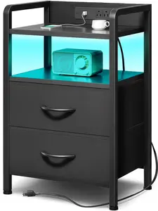 Modern LED Black Nightstand with 2 Fabric Drawers & U-SB Ports - Bedside  Station with AC Outlets & LED Light Strip for Easy Access Power
