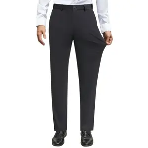 Elastic dress pants, wrinkle-free golf pants, expandable waistband, flat-front business-casual pants, men’s pants, underwear pockets, beige solid color, outdoor activities GARMENTARY