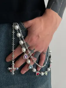 1Pcs Men’s Double Layer Pants Chain, Vintage Gold Tone with Imitation Pearl, Multicolor Heart & Cross Charms, Hip Hop Jeans Waist Chain, Body Jewelry for Streetwear Outfits