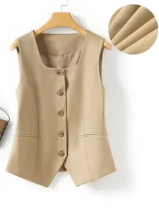 Women's Square Neck Short Sleeveless Vest Jacket, Spring & Fall Fashion Outerwear, Single Button Slim Fit Waistcoat, Stylish Casual Top