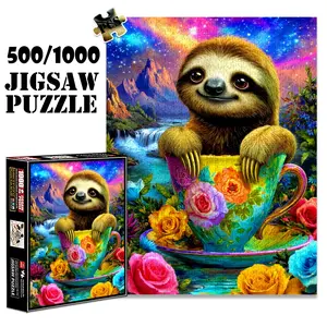 1pc 1000 piece adult puzzle 70x50cm Sloth in a Floral - Patterned Teacup with Scenic Background 500 pieces paper jigsaw puzzle suitable for DIY creative games for adults and families, birthday and