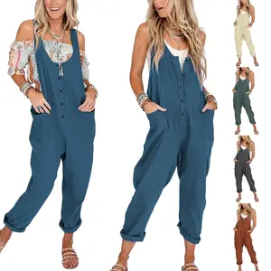 WoodBerry Women's Overalls Linen Cotton Jumpsuits Loose Casual Jumpers Adjustable Straps with Pockets Spring Summer Womenswear