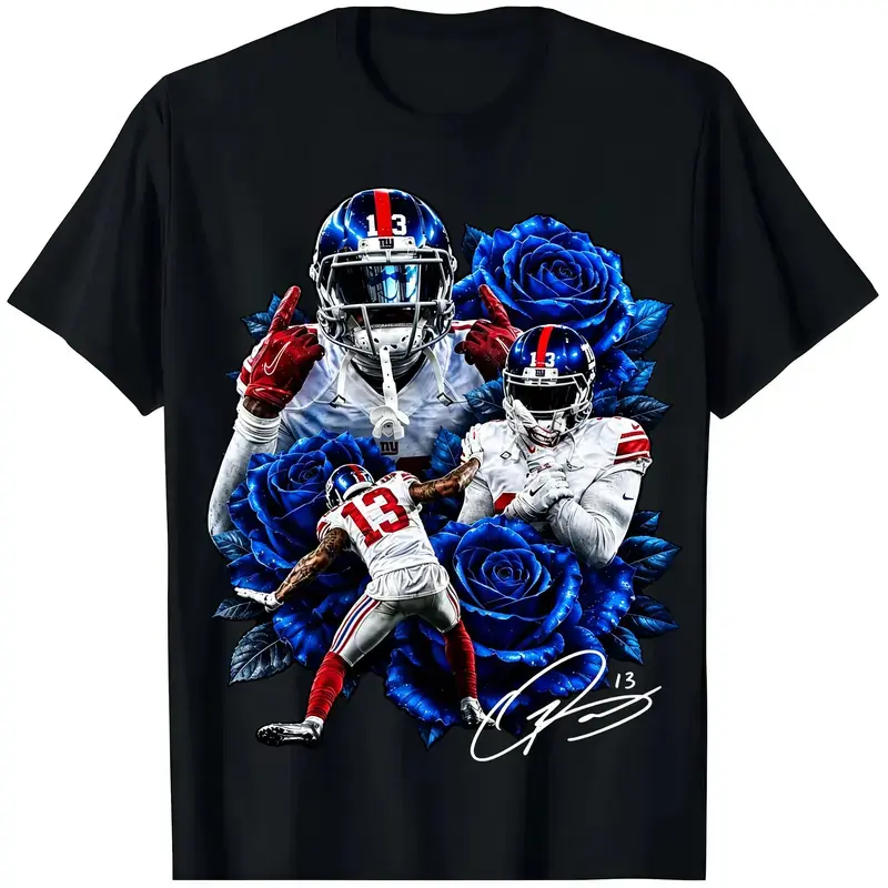 "OBJ" Roses Graphic Tee For Giants Fans, Signature Wide Receiver Streetwear, Football Fan Apparel, Unisex Sports Merch, Game Day Shirt Odell Beckham Jr. Blue Roses Graphic Tee, Odell Beckham Jr. shirt