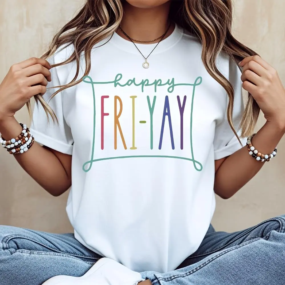 Happy Fri-Yay Rainbow Letter Print T-Shirt, Casual Weekend Party Top, Friday Celebration Funny Graphic Tee For Women