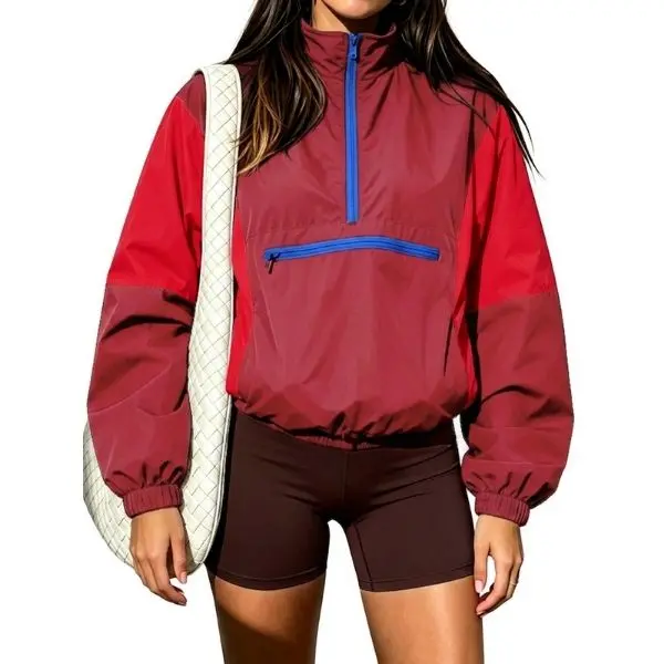 Fisoew Women Color Block Half Zip Windbreaker Jacket Casual Long Sleeve Stand Collar Pullover Outerwear With Zipper Pocket