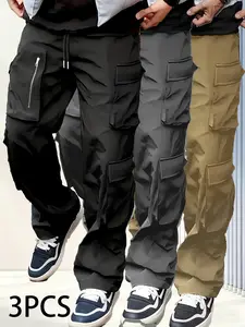 3-Pack Men's Casual Cargo Pants Zipper Detail Multi-Pocket Durable Work Trousers