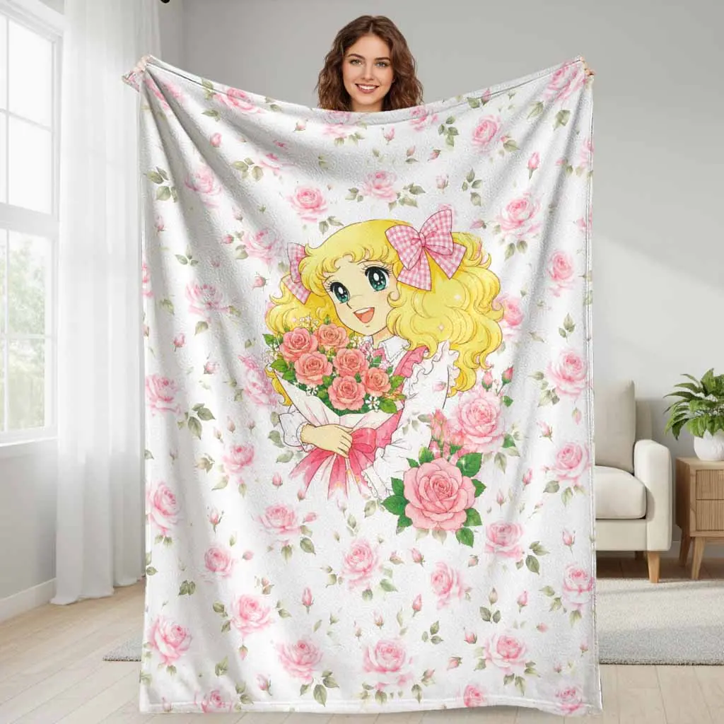 Cute Anime Girl Flannel Blanket Pink Rose Floral Print Soft Cozy Lightweight Warm Throw for Bedroom Sofa Dorm Reading Nook Valentine Gift Home Decor Travel, 30*40 Inches, 30×40 Inch / 76×101Cm (Mini)