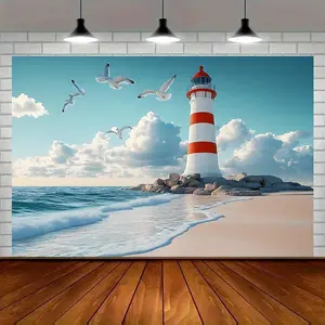 1pc 2D Flat Polyester Fabric Coastal Scene Banner - Nautical Party Backdrop, Beach Wall Decor, Photo Prop, 75gsm All-Season Textile Soft Furnishing