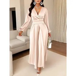 Elegant Side SatinMaxiDressforWomen Polyester Machine Washable Ruched Design DeepV-Neck LanternSleeves |     Middle Eastern Style Flowing Skirt
