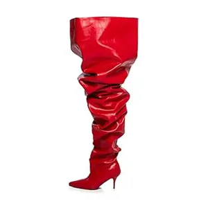 Pleated thigh high boots wide calf over the knee boots high heels pointed Toe white shoes for woman large size boots stiletto heels women's shoes