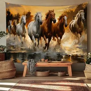 1pc 2D flat tapestry Galloping Horses Wall Hanging Art Tapestry Vintage Animal Decor for Living Room Bedroom Office