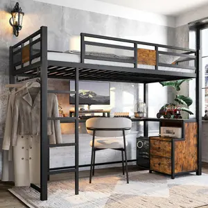 Twin XL Loft Bed with L-Shaped Desk and Storage Drawers, Metal Twin XL Loft Bed Frame with Computer Monitor Stand, Corner Shelf and Hanger Rod, Adults Loft Beds, Black