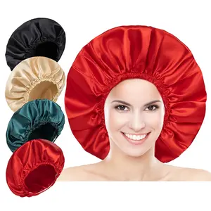 4 PCS Silky Bonnet for Sleeping, Large Satin Bonnet Hair Bonnet for Sleep Caps for Women, Satin Hair Bonnets, Sleep Bonnet Hair Caps with Elastic Band for Long Curly Hair - Black+Red+Green+Gold