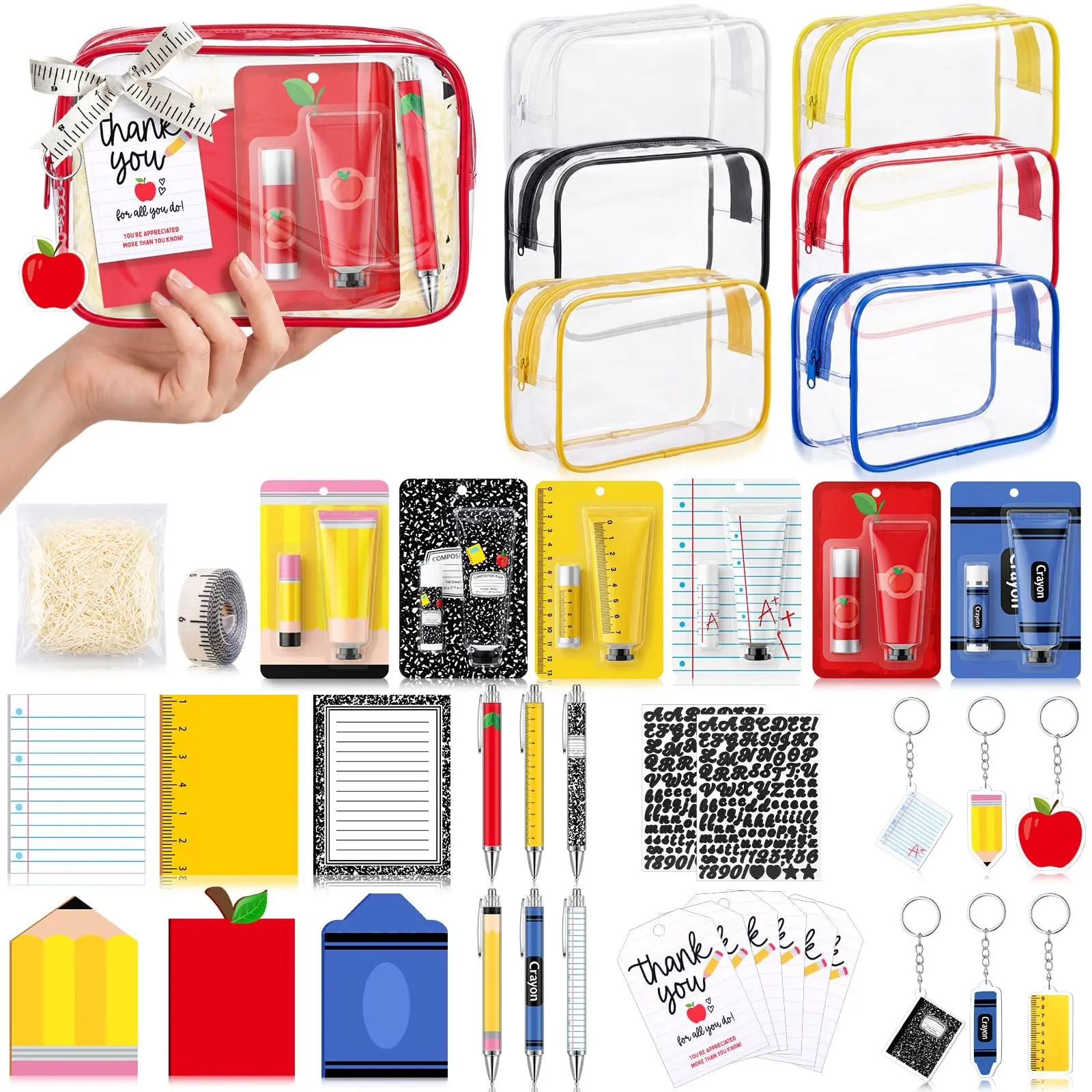 4/6/8 Pack Back to School Teacher Gifts Bulk Teacher Survival Kit with Clear Cosmetic Bag Socks Ballpoint Pens Keychains and Sticky Note Holder for Teacher Appreciation First Day of School Coworkers Classroom Office School Events and Party Favors