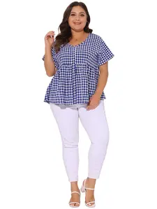 Agnes Orinda Women's Plus Size Gingham Top Retro Vintage Plaid Short Sleeve V Neck Summer Babydoll Peplum Blouse