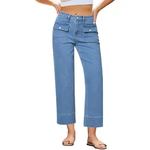 Wide Leg Jeans for Women Trendy High Waisted Straight Leg Cropped Stretchy Denim Pants with Retro Patch Pockets