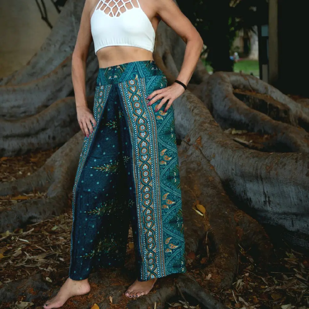 Feather Design Open Leg Pants in Turquoise, 10 different ways to wear. Beautiful pants with a comfortable elastic waist band, wear them to the beach, a festival, to yoga or just for lounging.