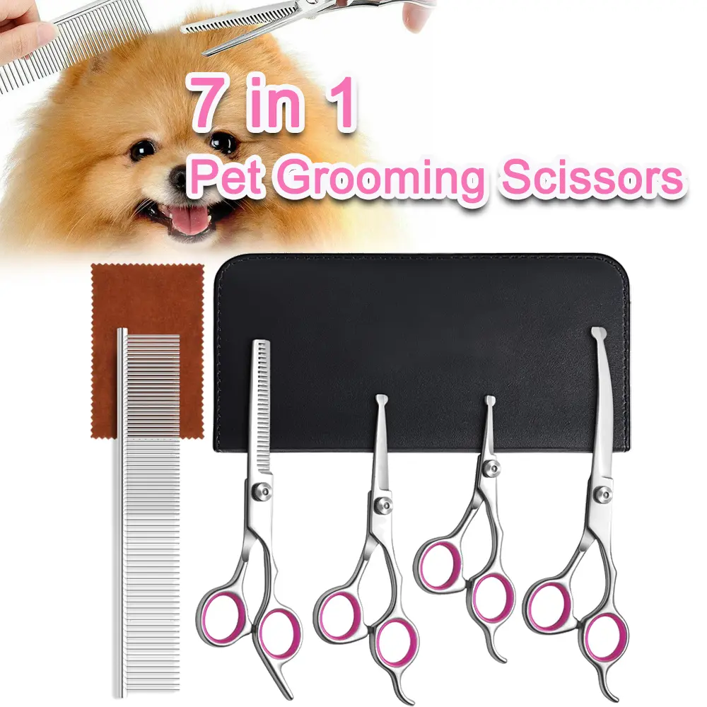 7PCS Professional Pet Dog Grooming Scissors Set, Stainless Straight Curved Thinning Shears Trimmer Kits, Heavy-duty Grooming Shears for Dogs Cats Pets - Pink