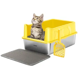 VIVOHOME XL Stainless Steel Cat Litter Box with Lid, Extra Large Litter Pan with High Sides, Easy Clean, Include Double Layer Litter Mat and Scoop