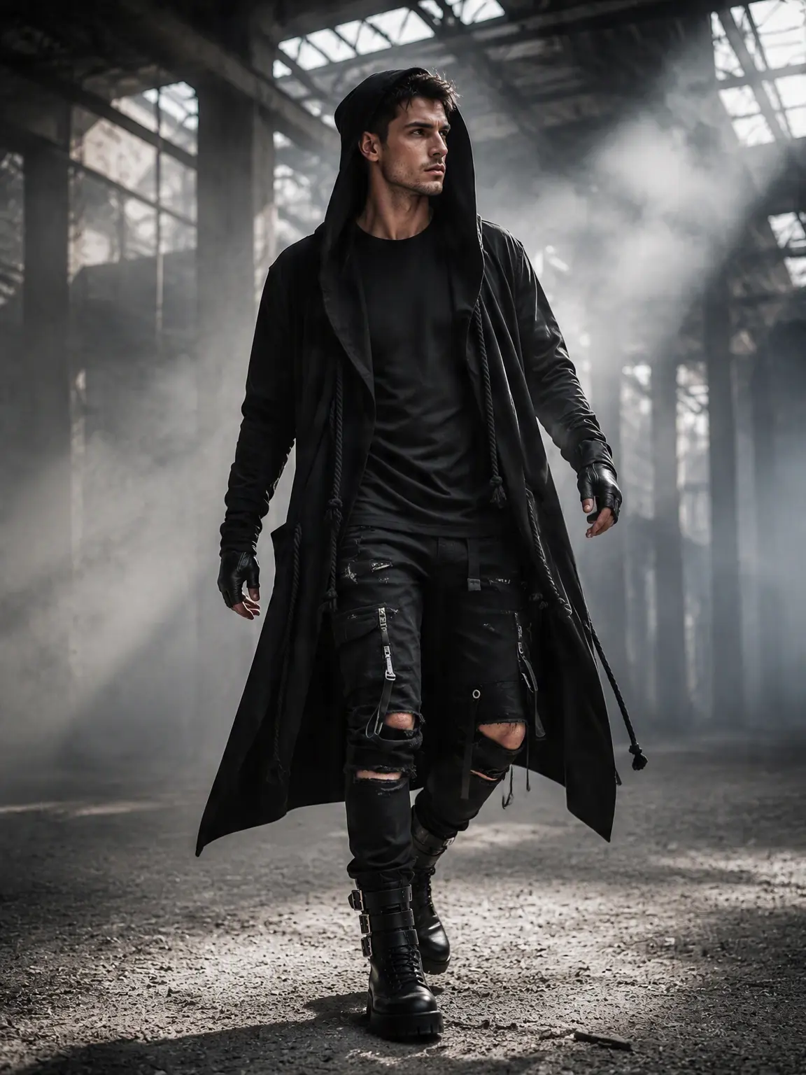 Men's Streetwear Hoodie Jacket, Black Punk Cloak With Pocket, Loose Casual Long Cardigan Cosplay Menswear Oversized Knitted