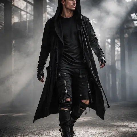 Men’s Black Hooded Cloak Jacket, Open Front Cape with Rope Details & Side Pockets, Cyberpunk & Streetwear