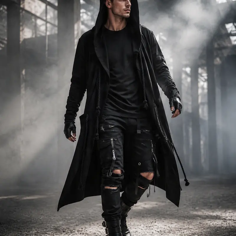 Men’s Black Hooded Cloak Jacket, Open Front Cape with Rope Details & Side Pockets, Cyberpunk & Streetwear