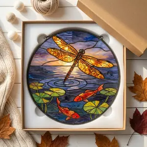 Glass dragonfly and koi fish window decorations, flower dragonfly window decorations, memorial gifts for nature lovers.