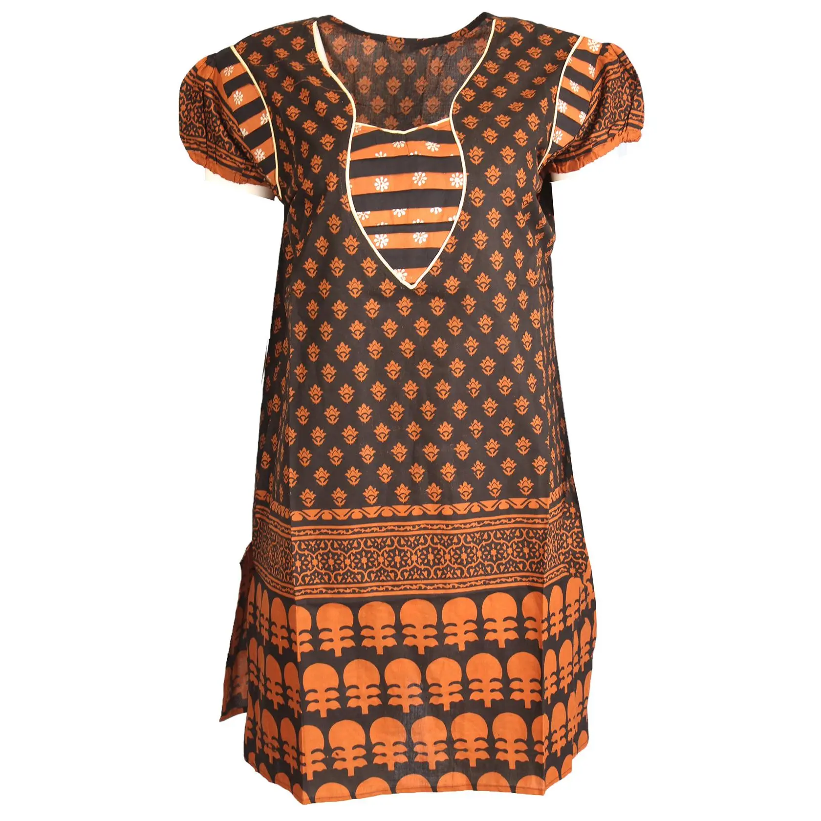 Tunic for Women 100% Cotton Printed V-Neck Kurti Flowers and Leaves with Ballon Shorts Sleeves Kurta Tunic Top.