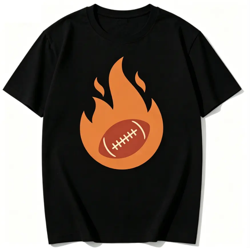 Hot American Football Inside Fire Flame Print T‑Shirt, Sports Fan Crew Neck Short Sleeve Casual Tee For Men Boys