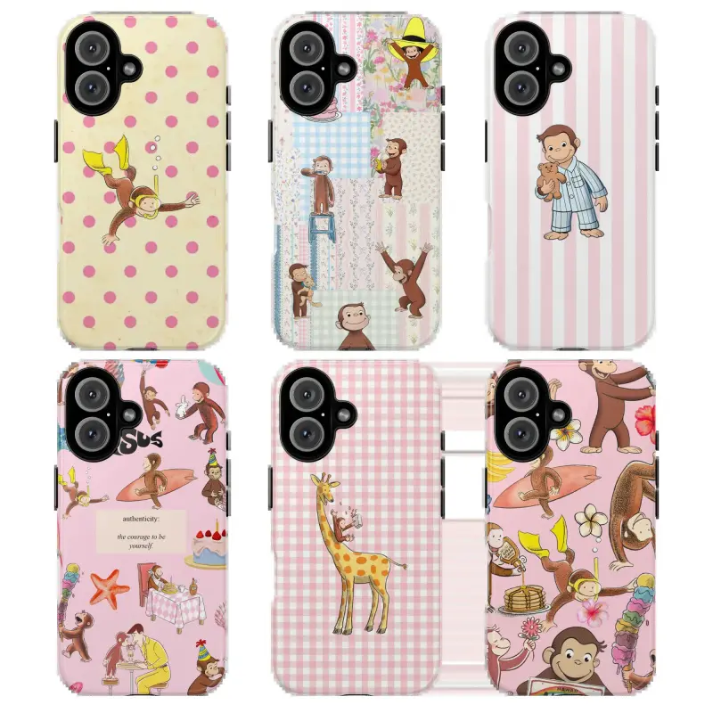 Tough Curious George Monkey Cartoon Phone Case for iPhone 11-17 Pro Max, Pink Cute Animal Print TPU Shell Cover, Shockproof Protection Smartphone Cellphone Accessory, Wireless Charging Friendly Trendy Gift for Women, Casing, Durable