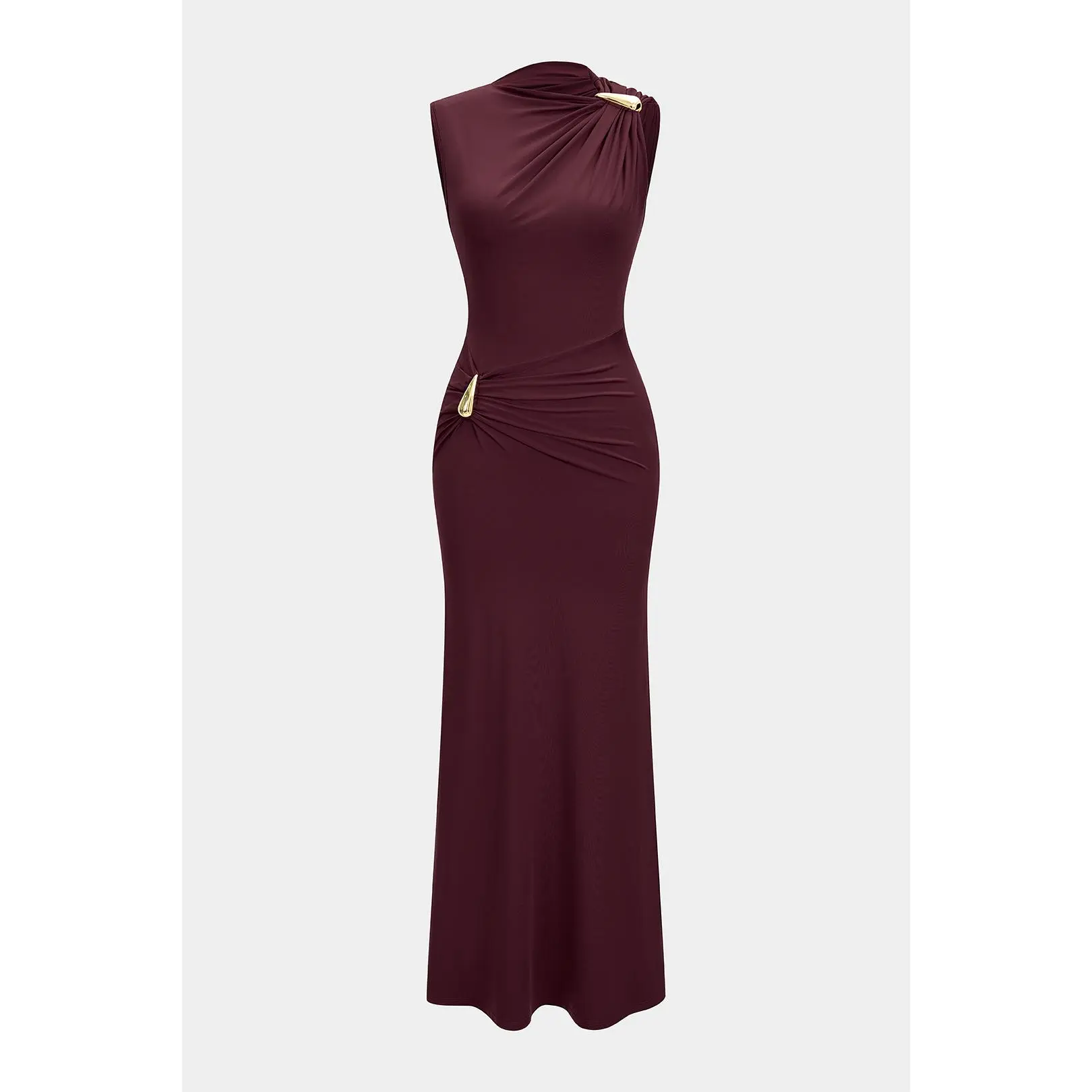 Women's Chic Metallic Decor Ruched Sleeveless Formal Maxi Dress, Elegant Casual Womenswear
