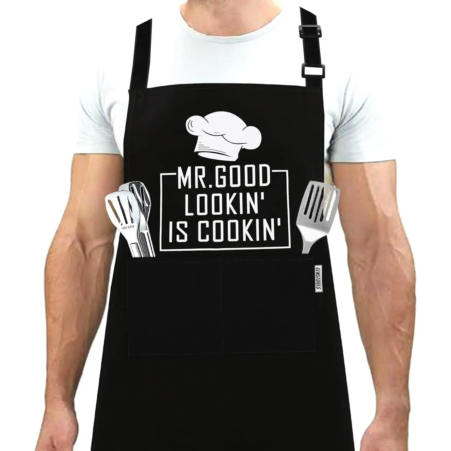 Funny Pouched Grill Apron for Men - Barbecue Joke Text Cartoon Kitchen Apron, Ideal Christmas Gift for Son, Grandad