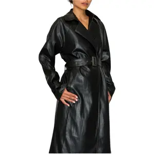 Faux Luxe Noir Collection - Trench Coat Pleather with Belt for Women's Fashionable Outerwear