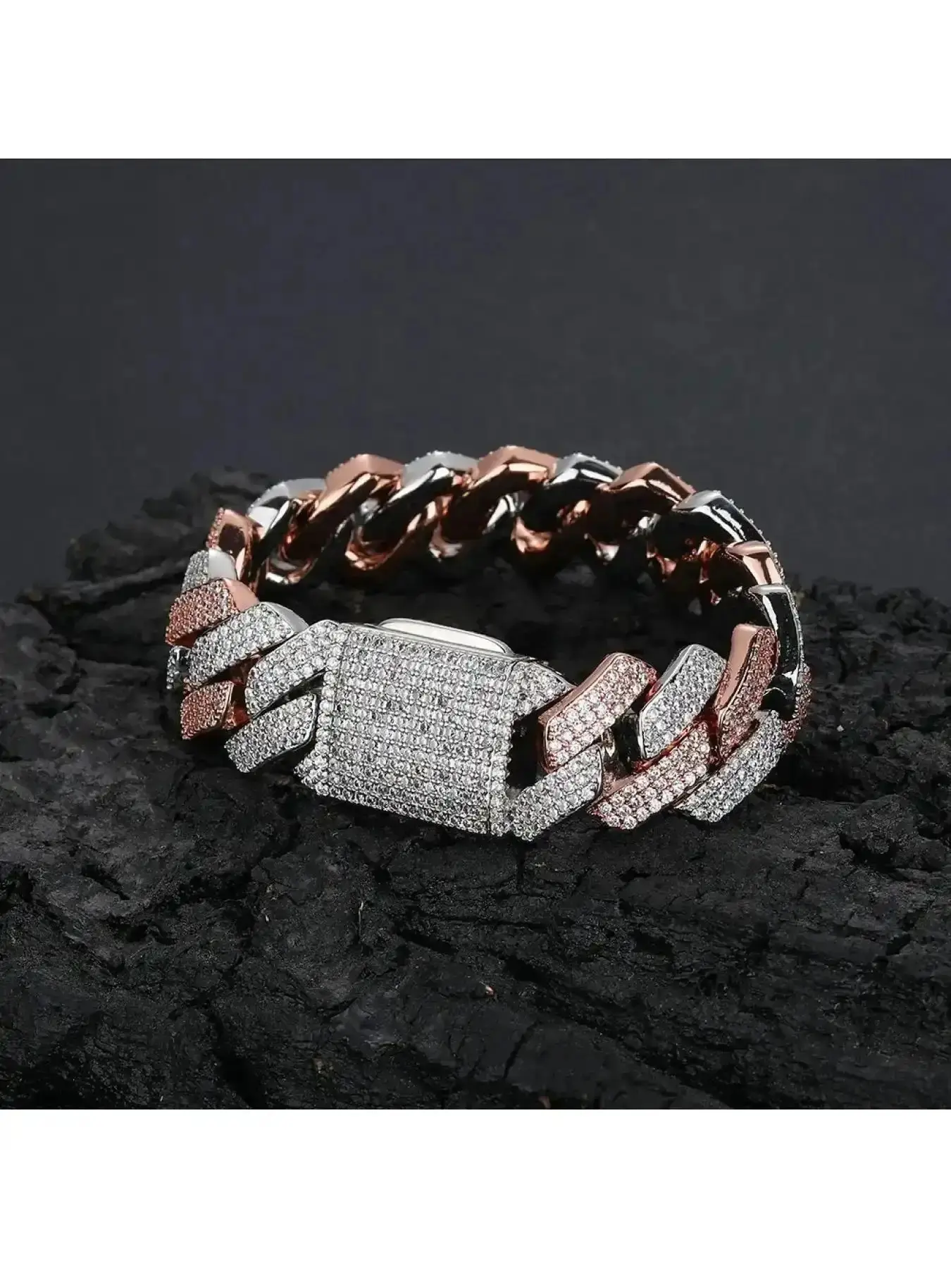 20mm Rose Gold With Silver Plated Cuban Link Chain Hip Hop  Out Diamond Encrusted Exquisite Trendy Bracelet Necklace Fine Jewelry for Men Women Cuban Bracelets