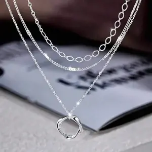 Sterling Silver Layered Necklace with Stylish Round Pendant - Ideal for Party/Vacation Wear & Gifting Optimization Highlig