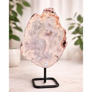 Pink Amethyst Druzy Slab on Black Metal Stand – Natural Crystal Display Piece – Polished Amethyst Geode Decor