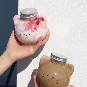 500ml Transparent PET Cat-Shaped Bottle with Cute Kitty Face Design - Food-Grade Reusable Cold Drink Container for Boba Tea, Smoothies, Milkshakes - Kitchen & Restaurant Use, Smoothie Jar, Playful Kitchenware, Foodgrade Material